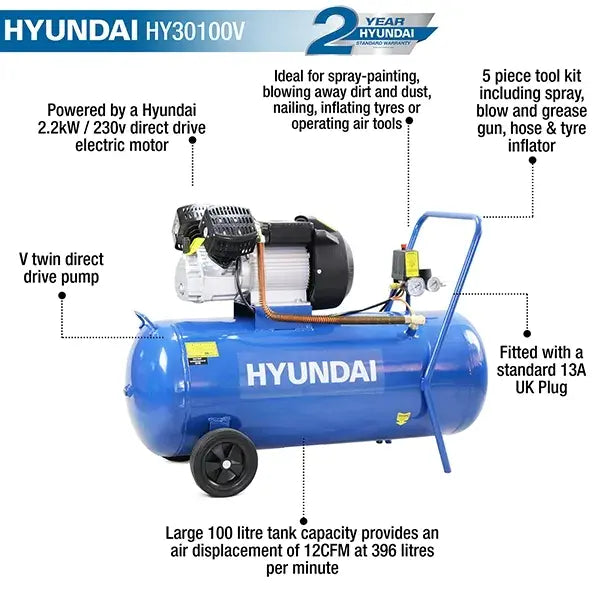 Hyundai 100 Litre Air Compressor, 14CFM/116psi, Silenced, V Twin, Direct Drive 3hp | HY30100V