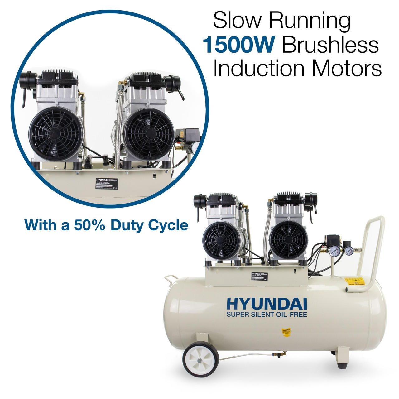Hyundai 4hp 100L Oil Free Low Noise Electric Air Compressor 22CFM 145psi Direct Drive | HY2150100
