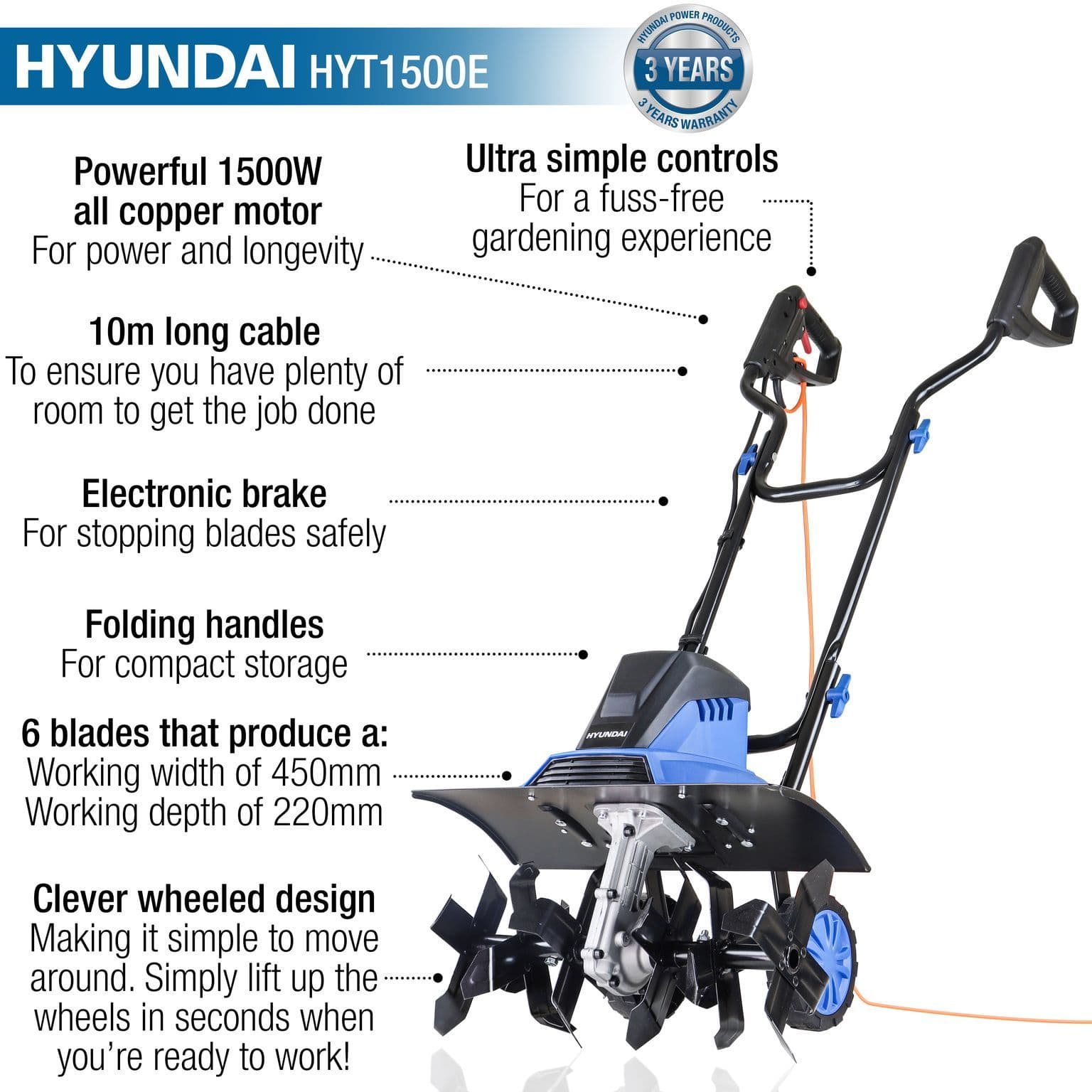Hyundai 1500W 450mm Electric Garden Tiller, Cultivator, Rotovator and Rototiller | HYT1500E