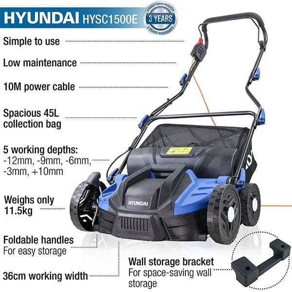 Hyundai 1500W Electric Lawn Scarifier / Aerator / Lawn Rake 230V HYSC1500E