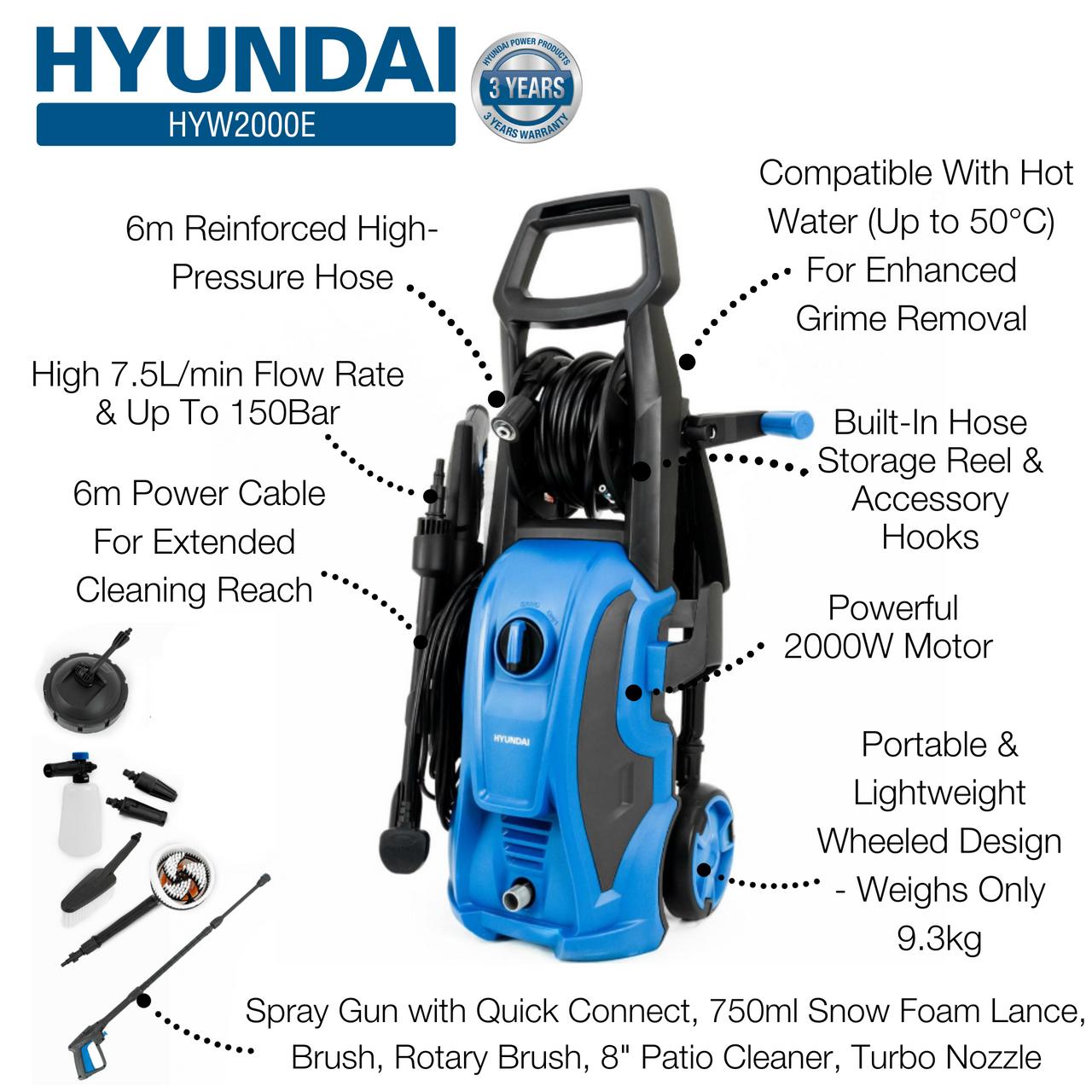 Hyundai 150Bar / 2175psi Electric Pressure Washer, 7.5L/min, 2000W Powerful Motor with Hose & Attachments | HYW2000E