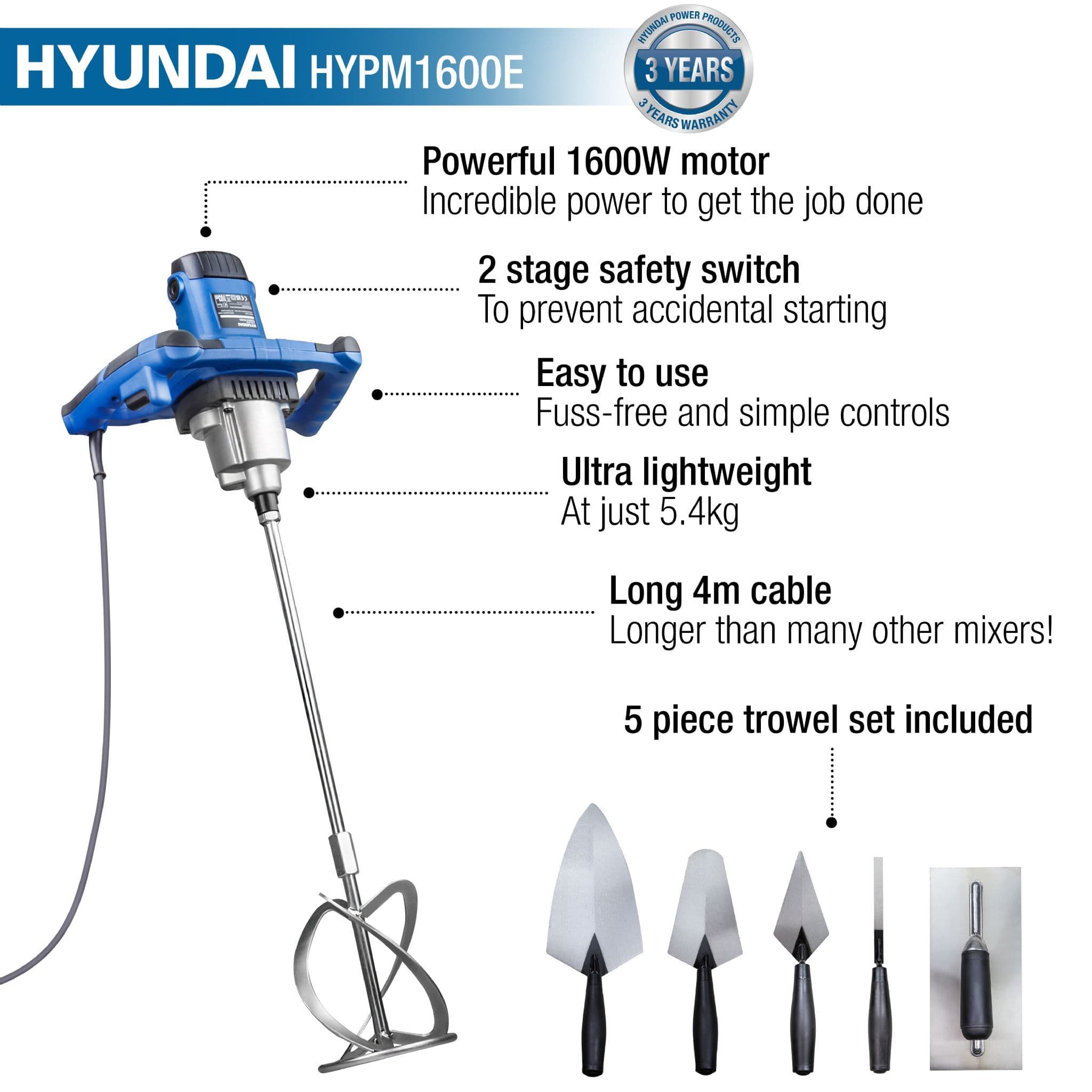 Hyundai 1600W Electric Paddle Mixer with 5 Piece Trowel Set 230v/240v HYPM1600E