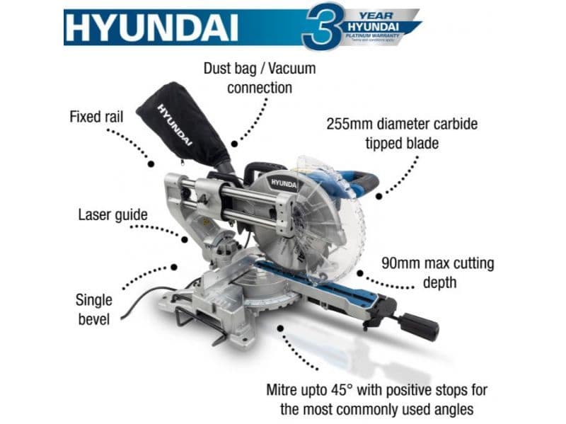 Hyundai 2000W Electric Mitre Saw / Chop Saw with 255mm Blade, 230V | HYMS2000E