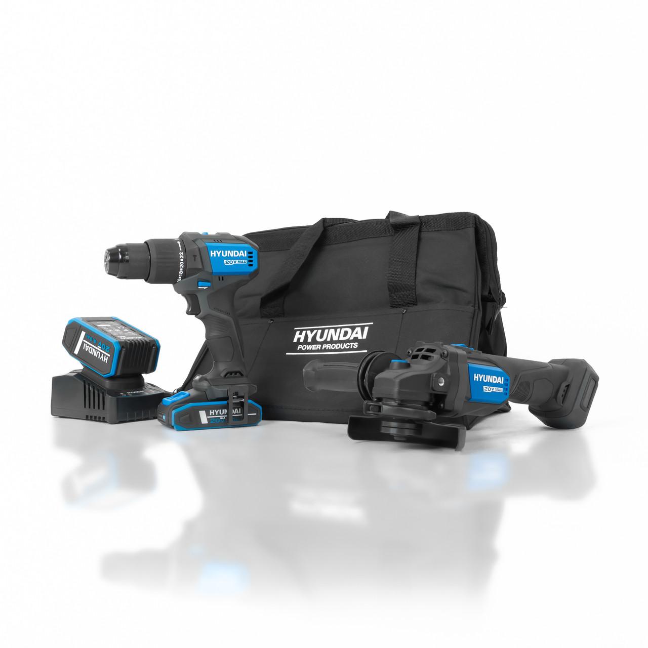 Hyundai 20V Cordless Hammer Drill 60Nm and Angle Grinder 115mm Brushless Kit, inc. 2.0Ah and 4.0Ah Li-ion Battery and 2A Charger | S02-FTB