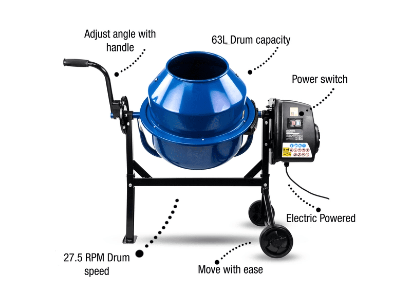 Hyundai 220W 63L Electric 230v Cement / Concrete Mixer | HYCM63E