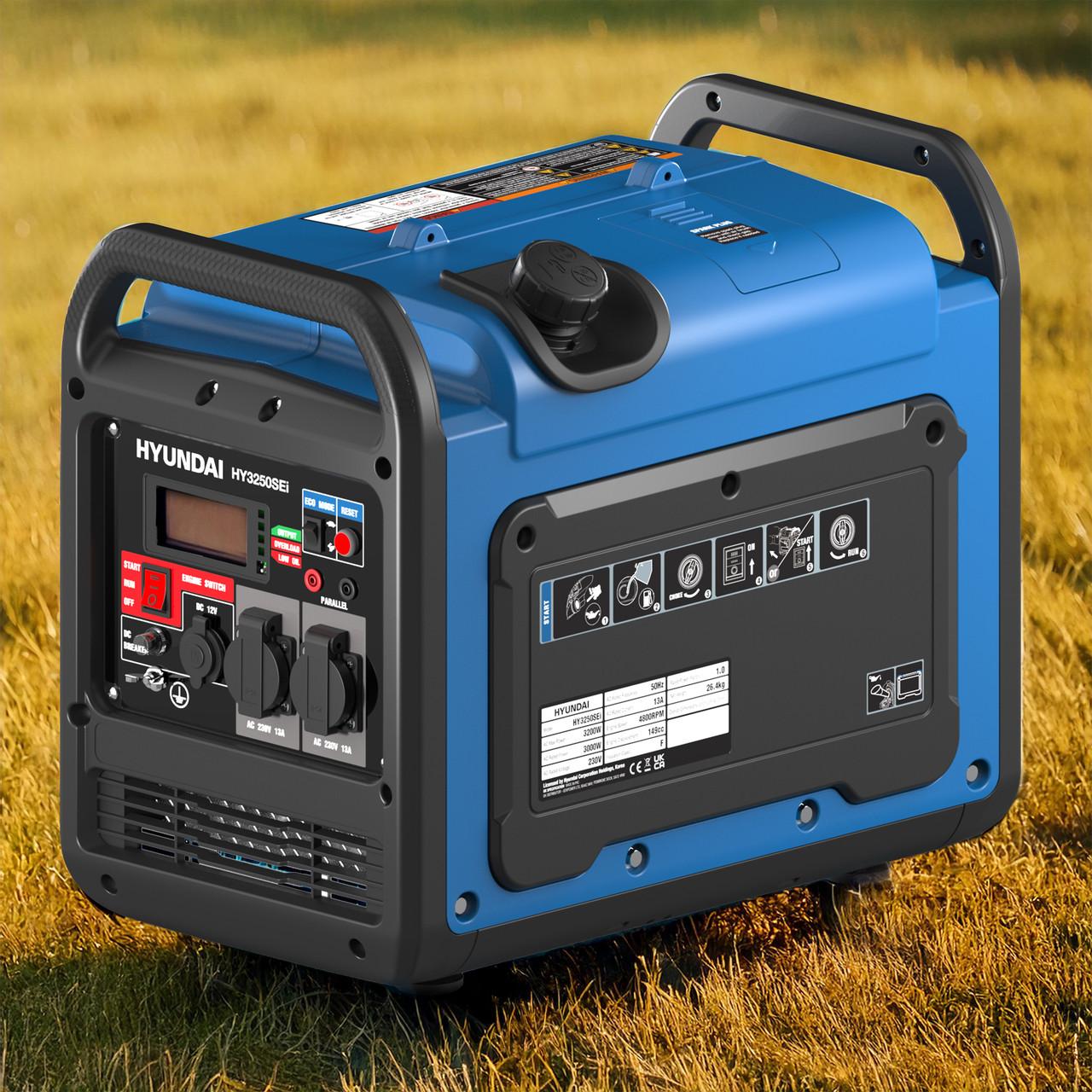 Hyundai 3200W / 3.2kW Petrol Inverter Generator, Pure Sine Wave Output, Lightweight, Quiet with Electric Start | HY3250SEi