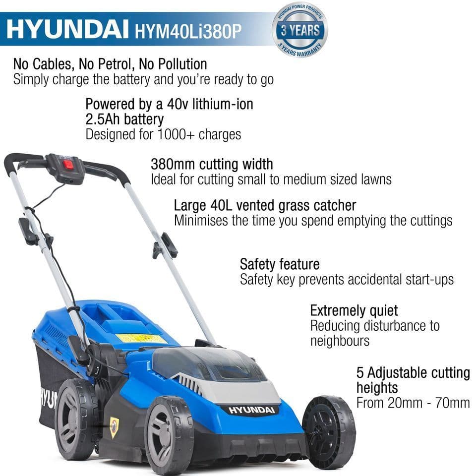Hyundai 38cm Cordless 40v Lithium-Ion Battery Roller Lawnmower with Battery & Charger HYM40LI380P