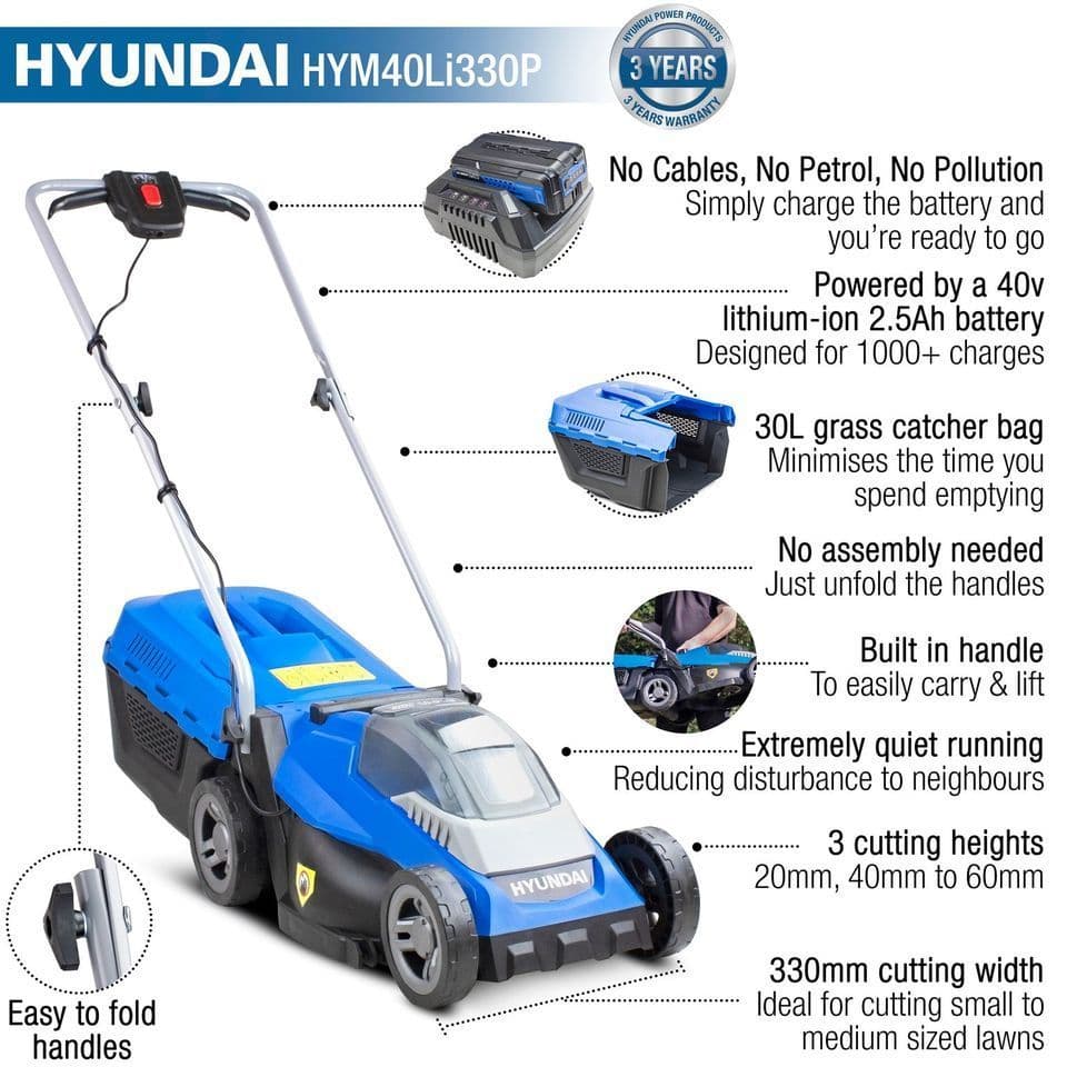 Hyundai 40V Lithium-Ion Battery Powered Roller Lawn Mower 33cm With Battery & Charger HYM40LI330P