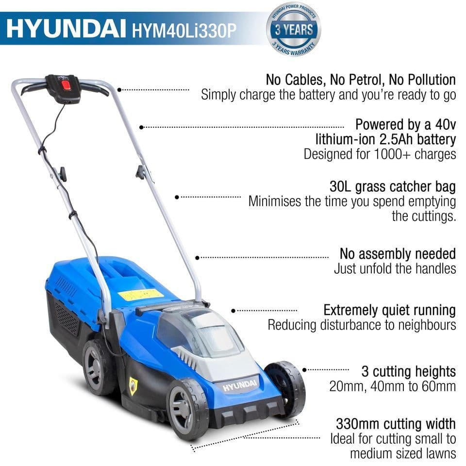 Hyundai 40V Lithium-Ion Battery Powered Roller Lawn Mower 33cm With Battery & Charger HYM40LI330P