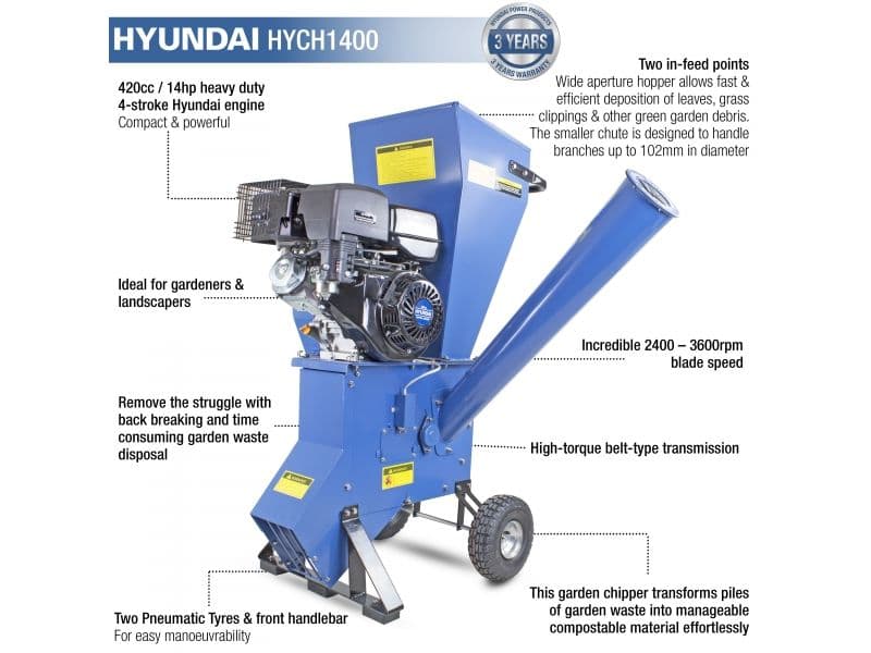 Hyundai 420cc 102mm Petrol 4-Stroke Garden Wood Chipper Shredder Mulcher | HYCH1400