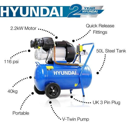 Hyundai 3hp 50L Electric Air Compressor 14CFM 116psi Direct Drive V-Twin | HY3050V