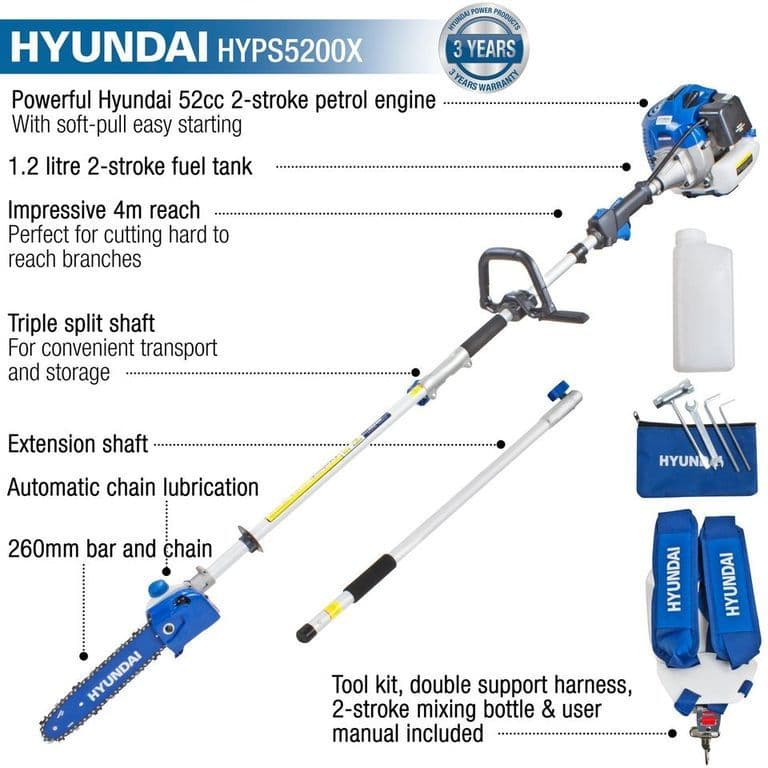 Hyundai 52cc Long Reach Petrol Pole Saw/Pruner/Chainsaw | HYPS5200X