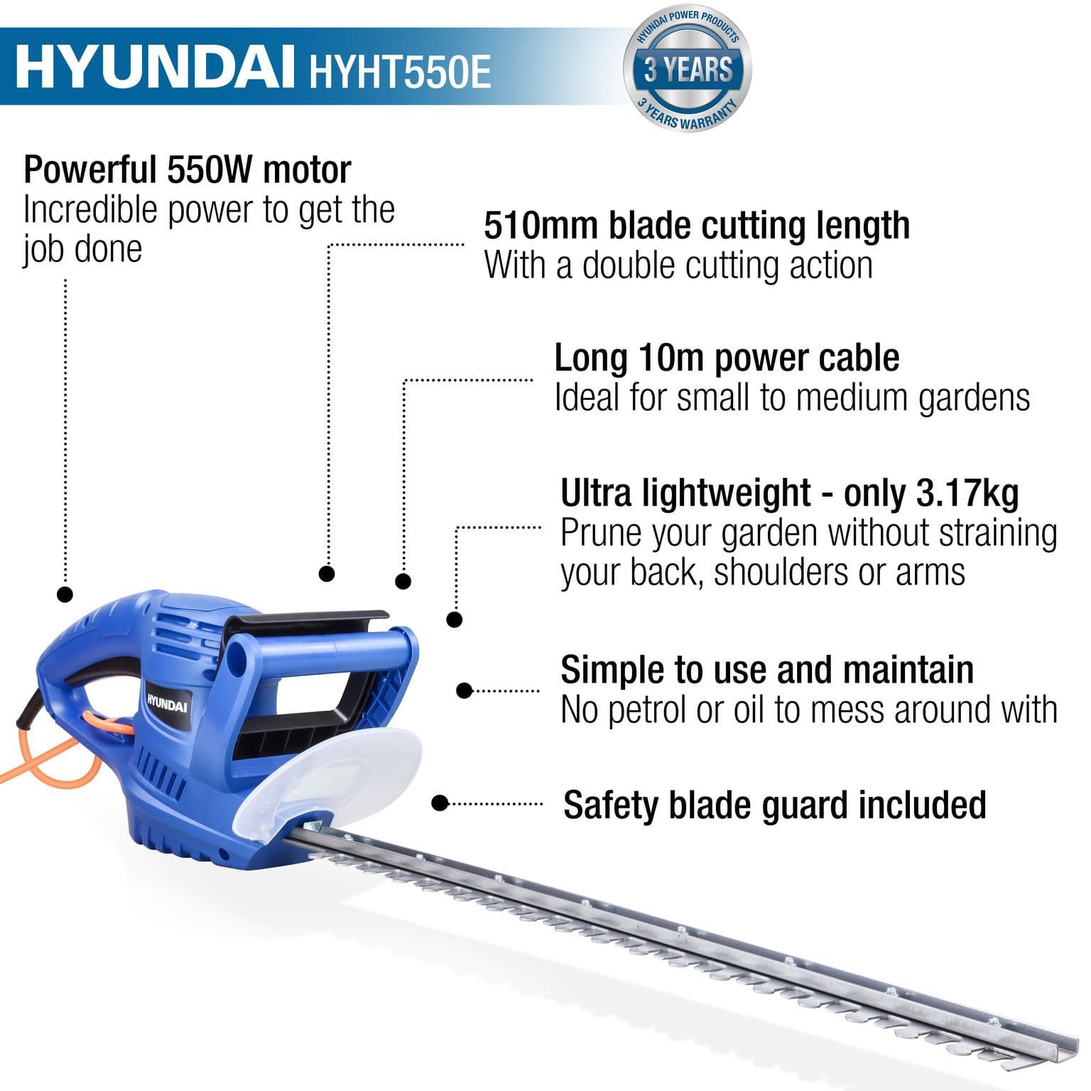 Hyundai 550W 510mm Corded Electric Hedge Trimmer/Pruner | HYHT550E
