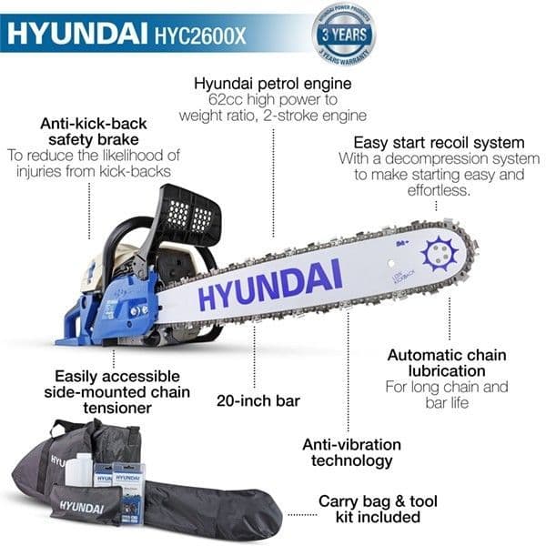 Hyundai 62cc 20 Petrol Chainsaw, 2-Stroke Easy-Start | HYC6200X