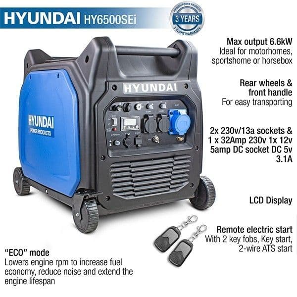Hyundai 6600W / 6.6kW Remote Electric Start Petrol Portable Inverter Generator HY6500SEi