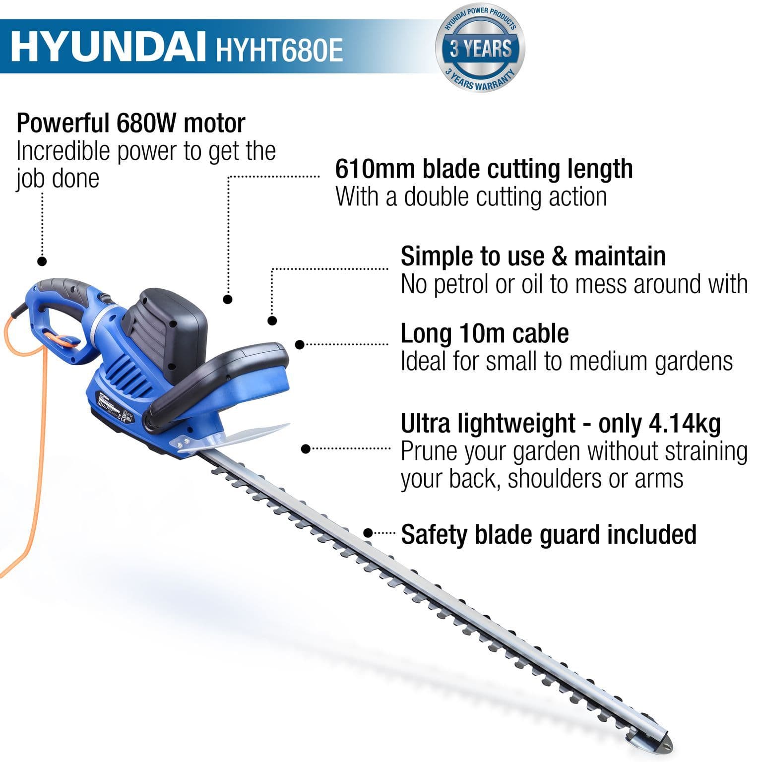 Hyundai 680W 610mm Corded Electric Hedge Trimmer/Pruner | HYHT680E