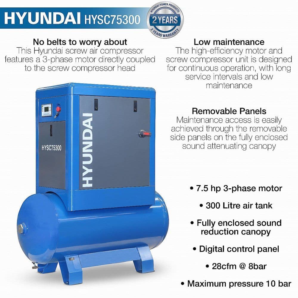 Hyundai 7.5hp 300 Litre Screw Compressor HYSC75300