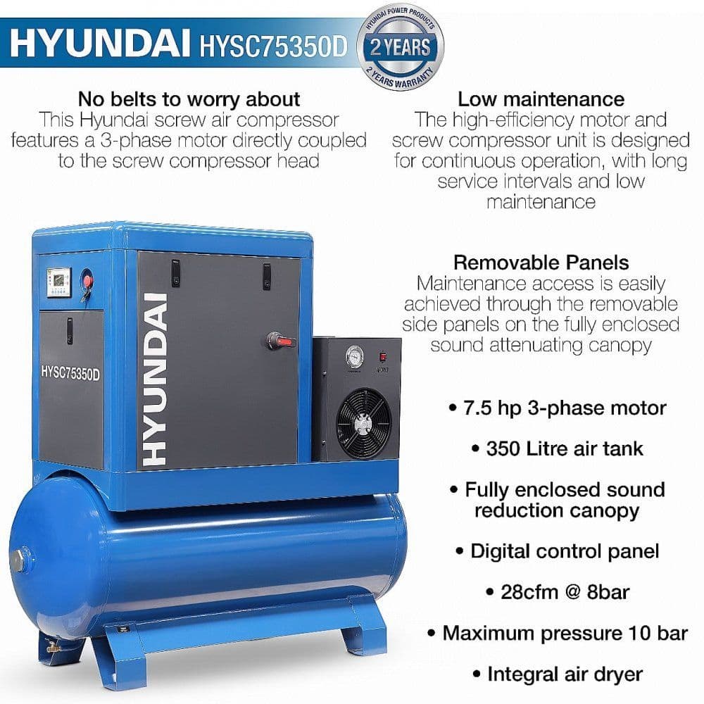Hyundai 7.5hp 350 Litre Screw Compressor HYSC75350D