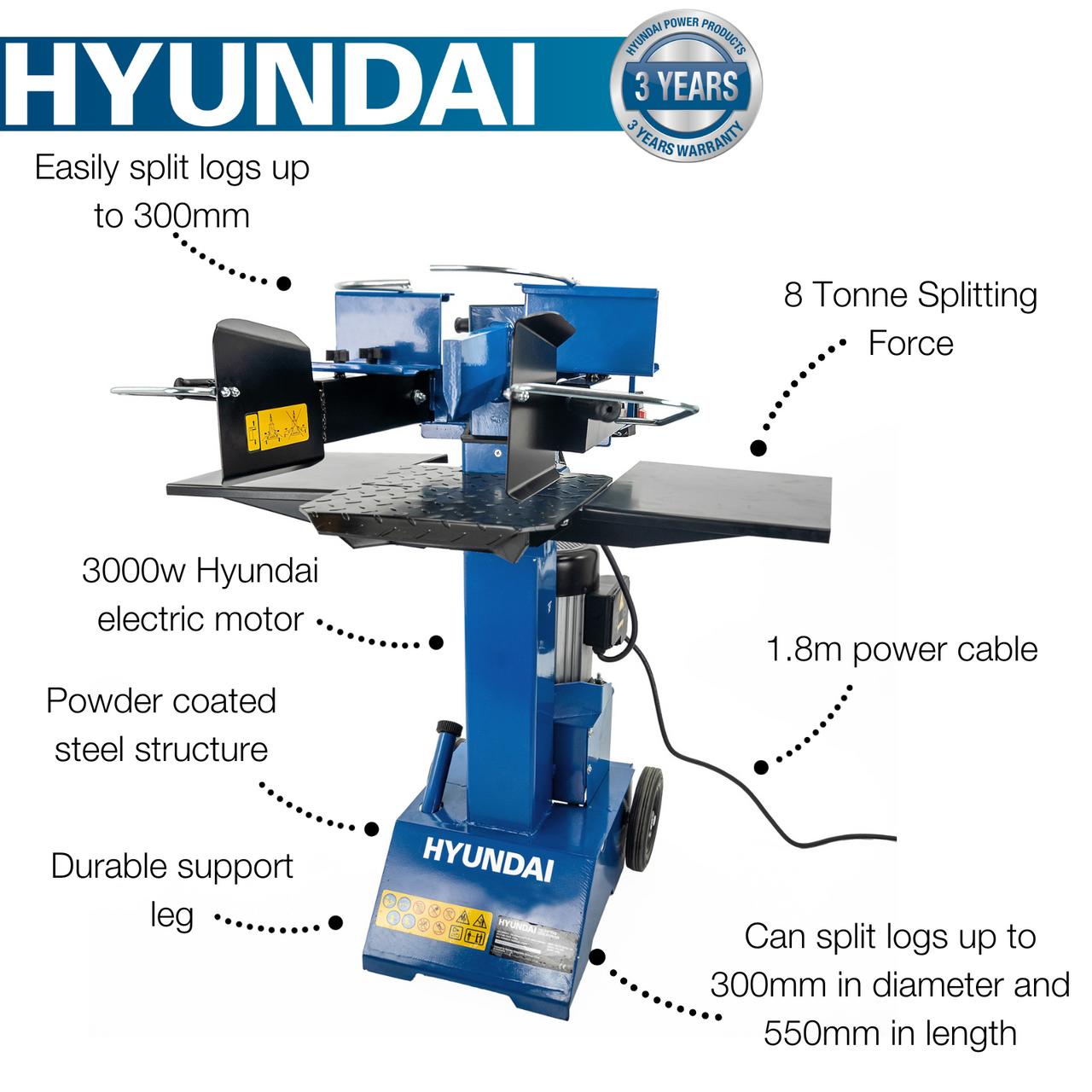Hyundai 8 Tonne Vertical Electric Log Splitter with Hydraulic Ram, Dual Handle Control 550mm Length | HYLS8000VE