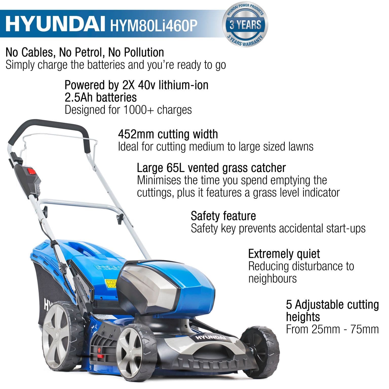 Hyundai 80V Lithium-Ion Battery Powered Lawn Mower 45cm With Battery & Charger HYM80LI460P