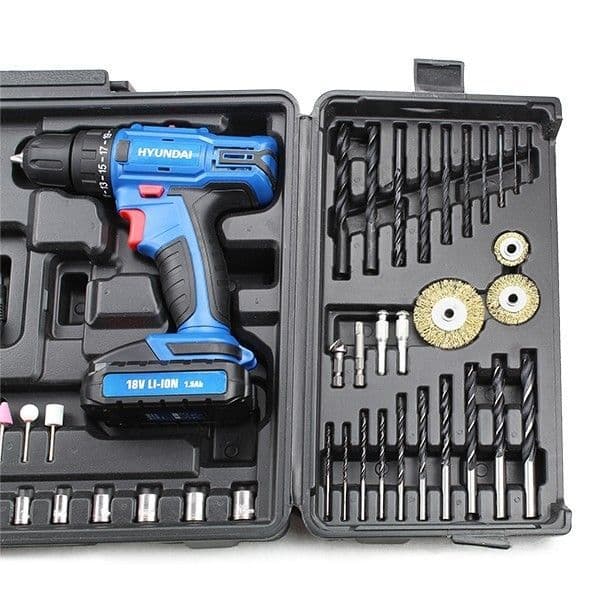 Hyundai HY2175 18v Li-Ion Cordless Drill Driver + 89 Drill Bit Accessories & Carry Case
