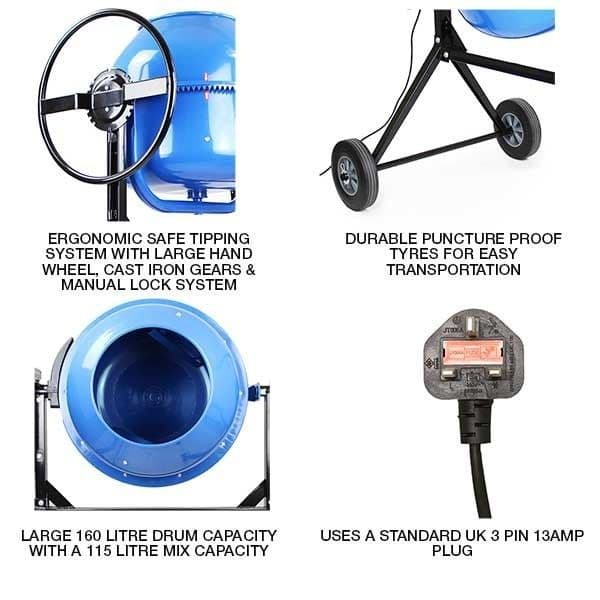 Hyundai HYCM160 Electric Cement Mixer 160 litre 240v 650w Portable Concrete Mixer