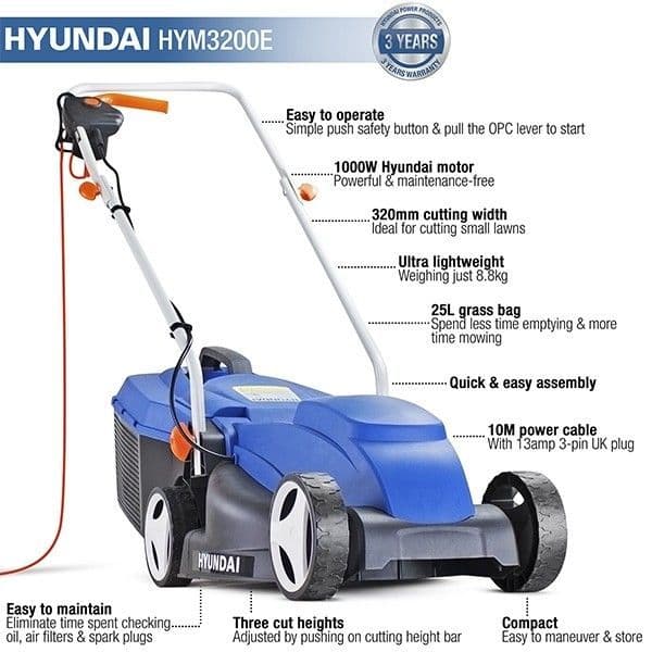 Hyundai HYM3200E Corded Electric 1000W / 240V Rotary Lawnmower