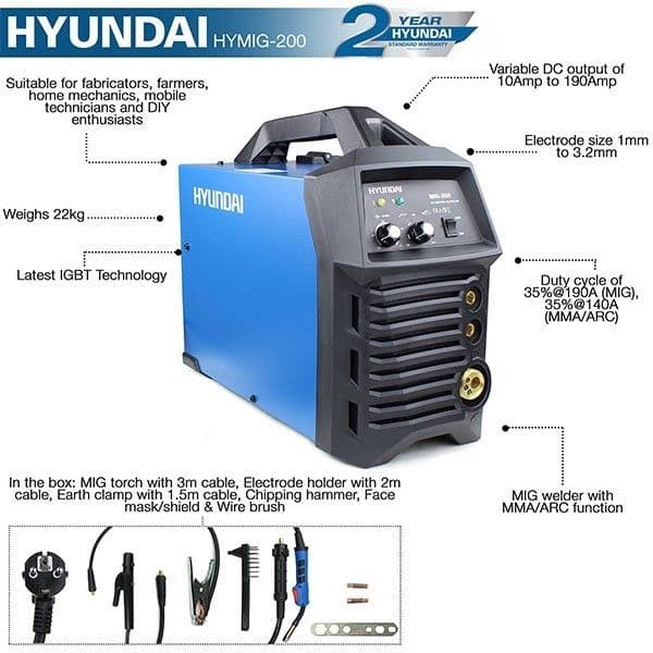 Hyundai HYMIG200 200Amp MIG/MMA(ARC) Inverter Welder, 230V Single Phase