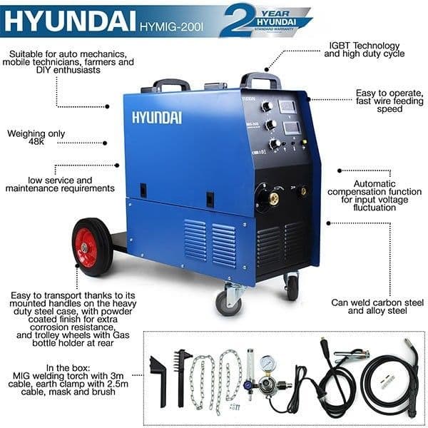 Hyundai HYMIG200I 200 Amp MIG Welder, 230V Single Phase, Pro series