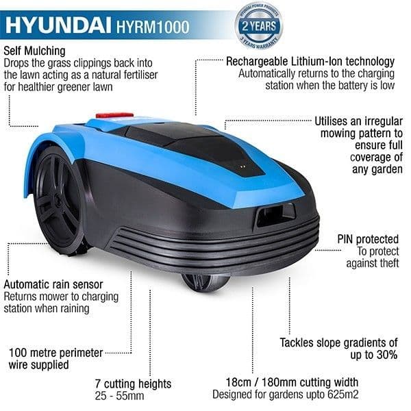 Hyundai Robot Lawn Mower 625sq Metre Smart Mowing Functionality HYRM1000