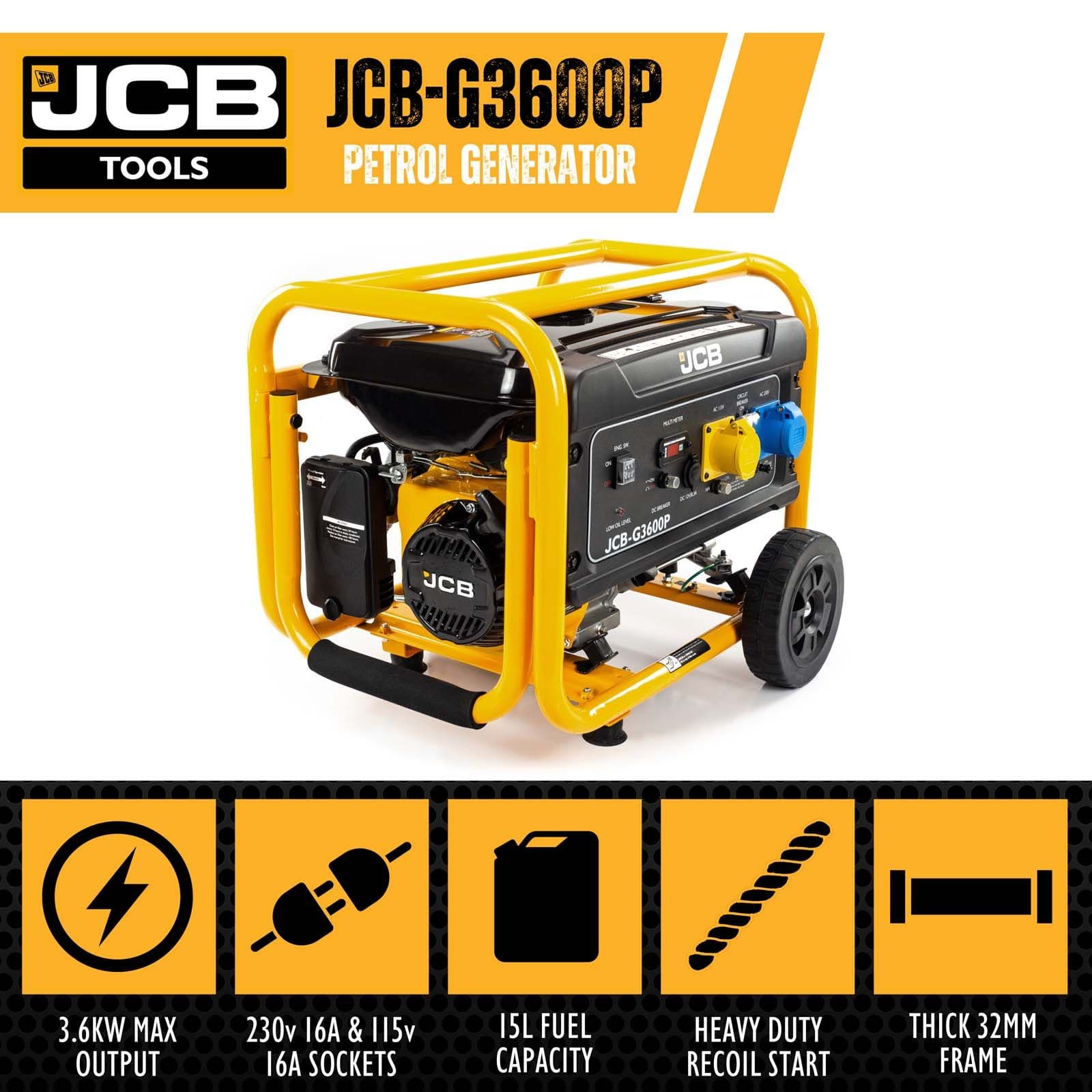 JCB 3.6kW / 4.5kVA Petrol Site Generator 115V / 230V 7.5hp 224cc | JCB-G3600P