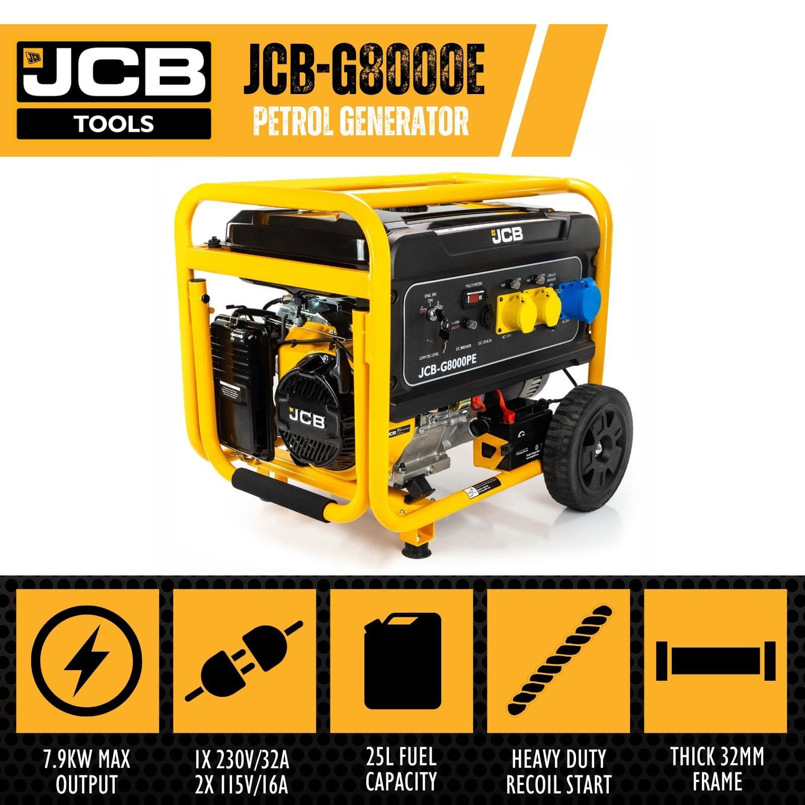 JCB 7.9kW / 9.8kVA Petrol Site Generator, 115V / 230V 15hp 457cc / Electric Start | JCB-G8000PE