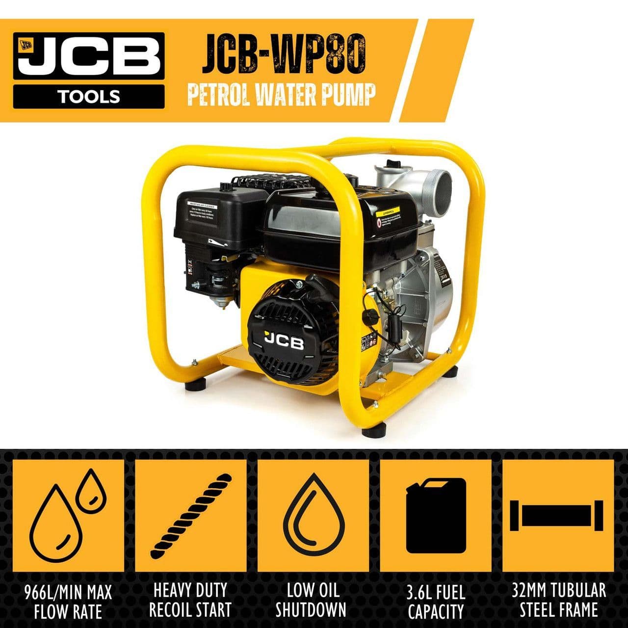 JCB 80mm 3 / 75mm Professional Petrol Water Pump, 966L/min, 7.5hp, 244cc, 4-Stroke | JCB-WP80