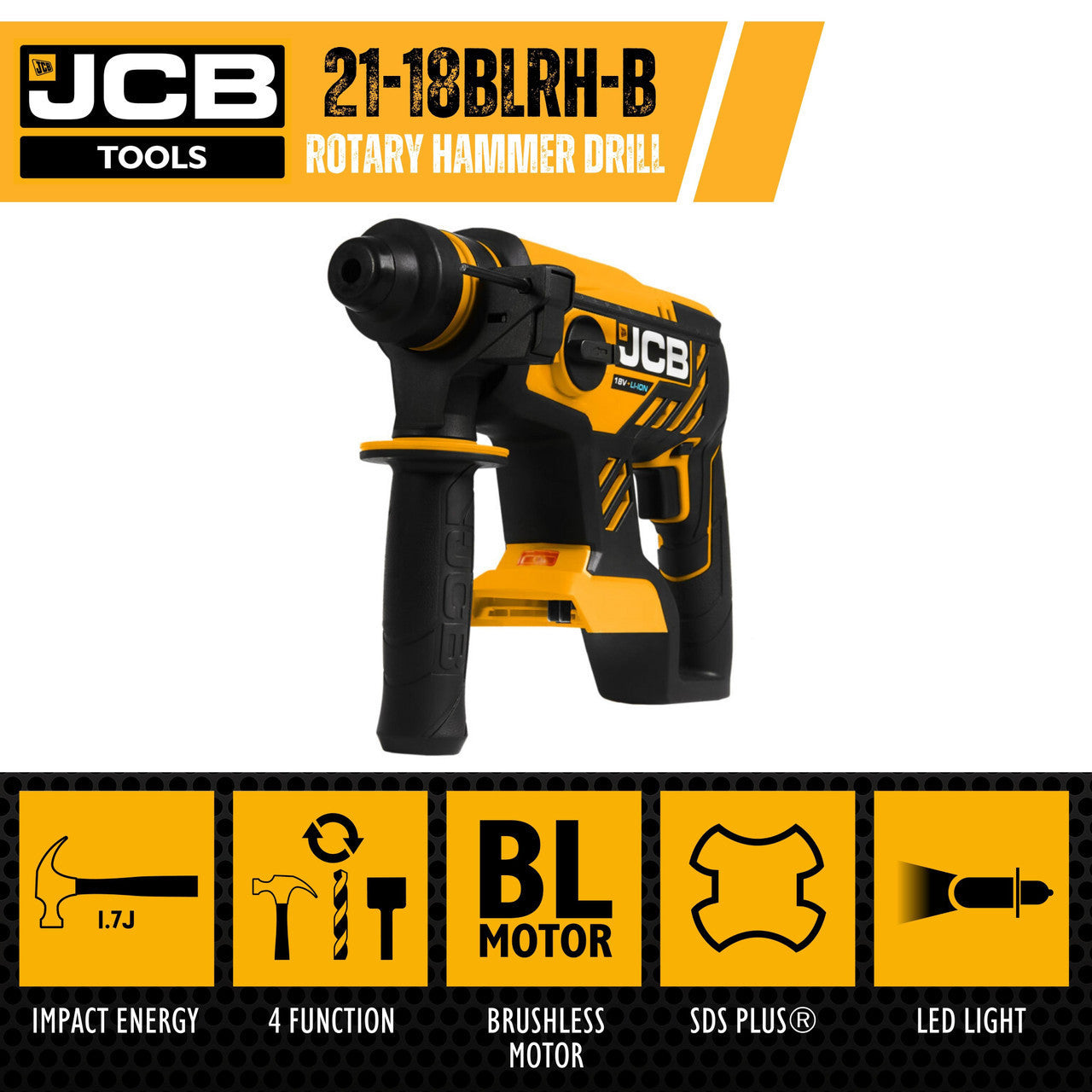JCB 18V 1.7J SDS Rotary Hammer Drill, 5.0Ah Li-ion Battery, 2.4Ah Charger, 4x SDS Bits, Keyless and SDS Plus Chuck