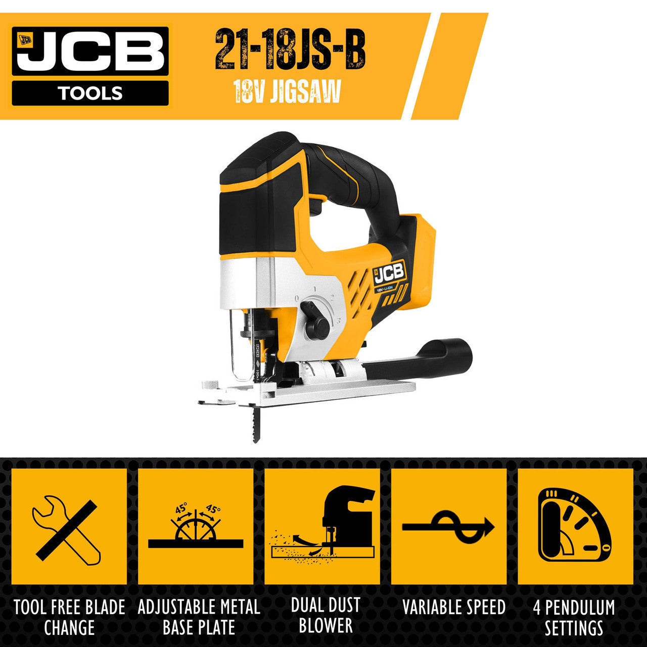 JCB 18V Cordless Jigsaw 5.0Ah Li-Ion Battery & 2.4Ah Charger Kit, 0-45 degrees Cutting Positions