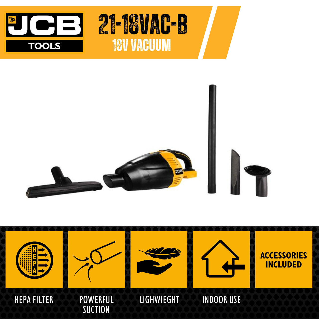 JCB 18V Handheld Vacuum Cleaner, 5.0Ah Li-ion Battery & 2.4Ah Fast Charger Kit, 50mbar Max. Pressure