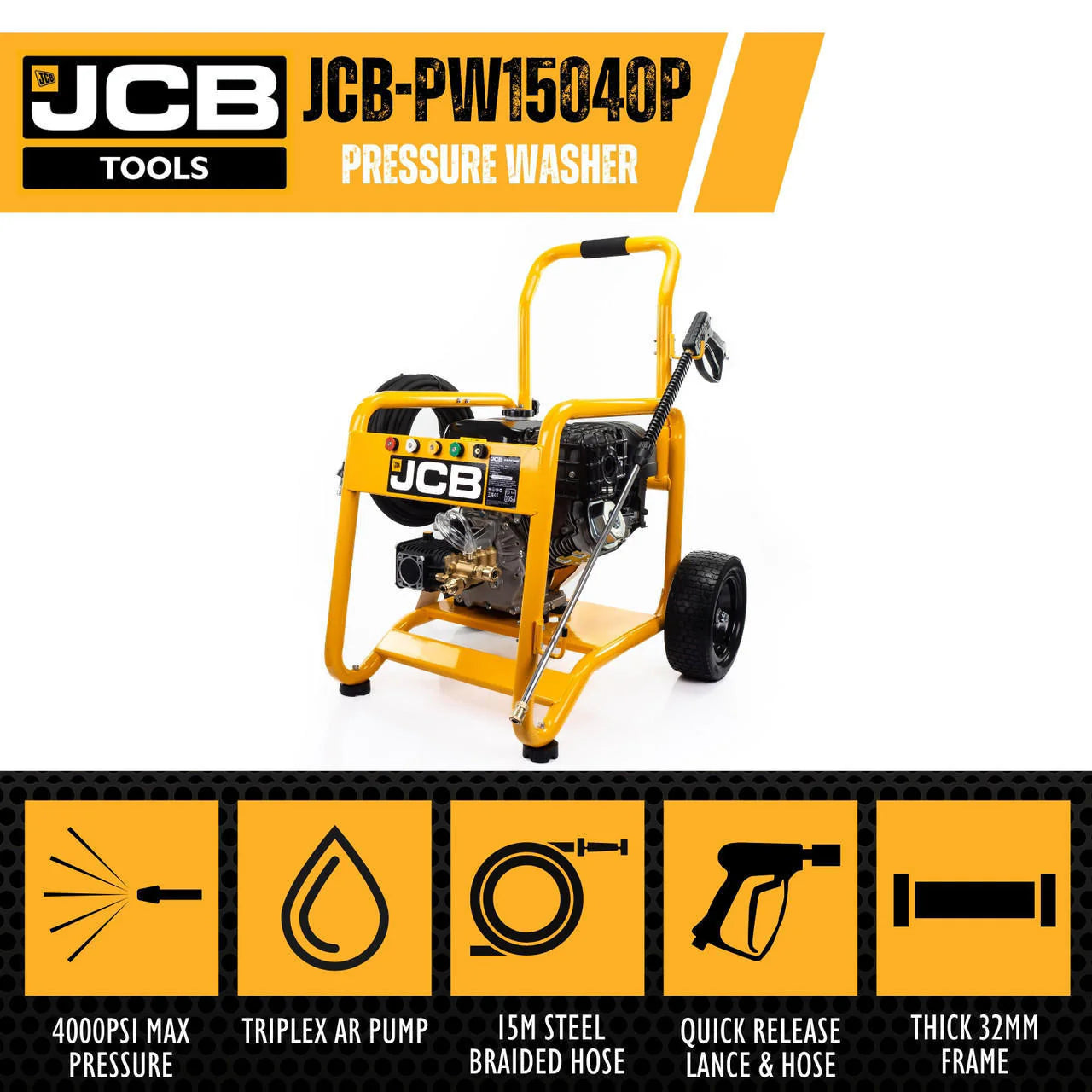 JCB Petrol Pressure Washer 4000psi / 276bar & 20" BE Pressure Stainless Steel Flat Surface Cleaner Bundle | JCB-PW15040P+85.403.009