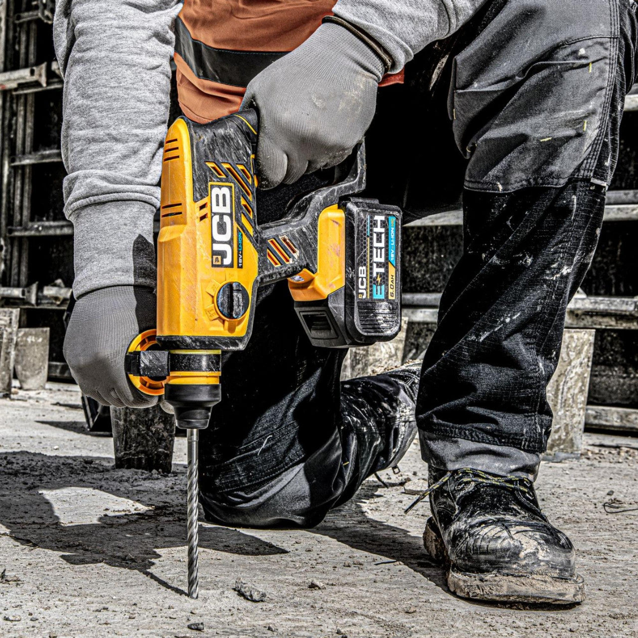 JCB 18V 1.7J SDS Rotary Hammer Drill, 4.0Ah Li-ion Battery & 2.4Ah Charger Kit, 4x SDS Bits, Keyless and SDS Plus Chuck