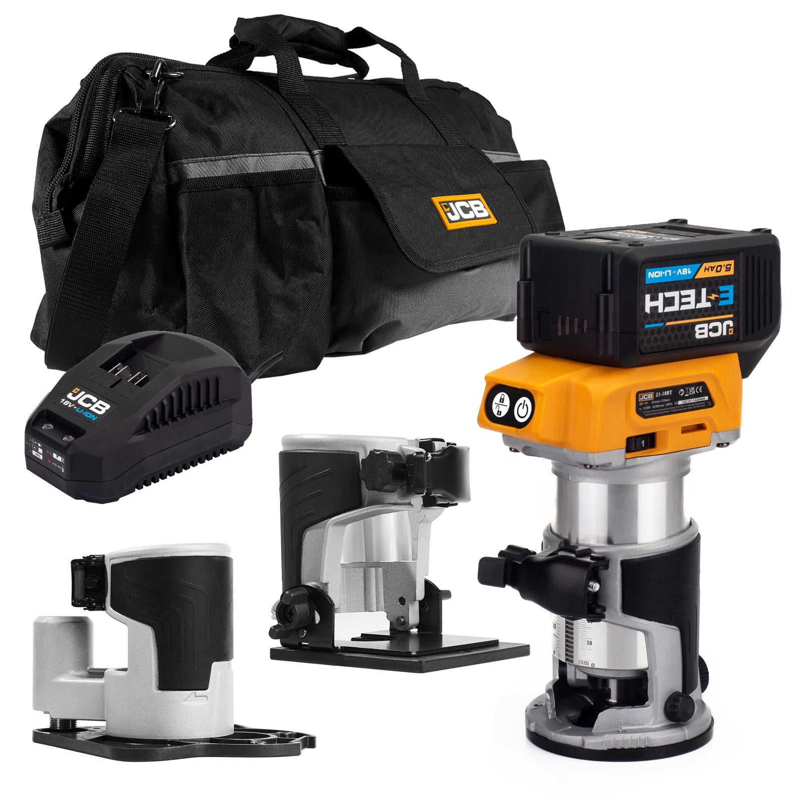 JCB 18V Cordless Router Kit with 3x Bases (Trimmer, Offset, Incline), 5.0ah Li-Ion Battery, Charger in 20" kit bag | 21-18RTKIT-5X-B