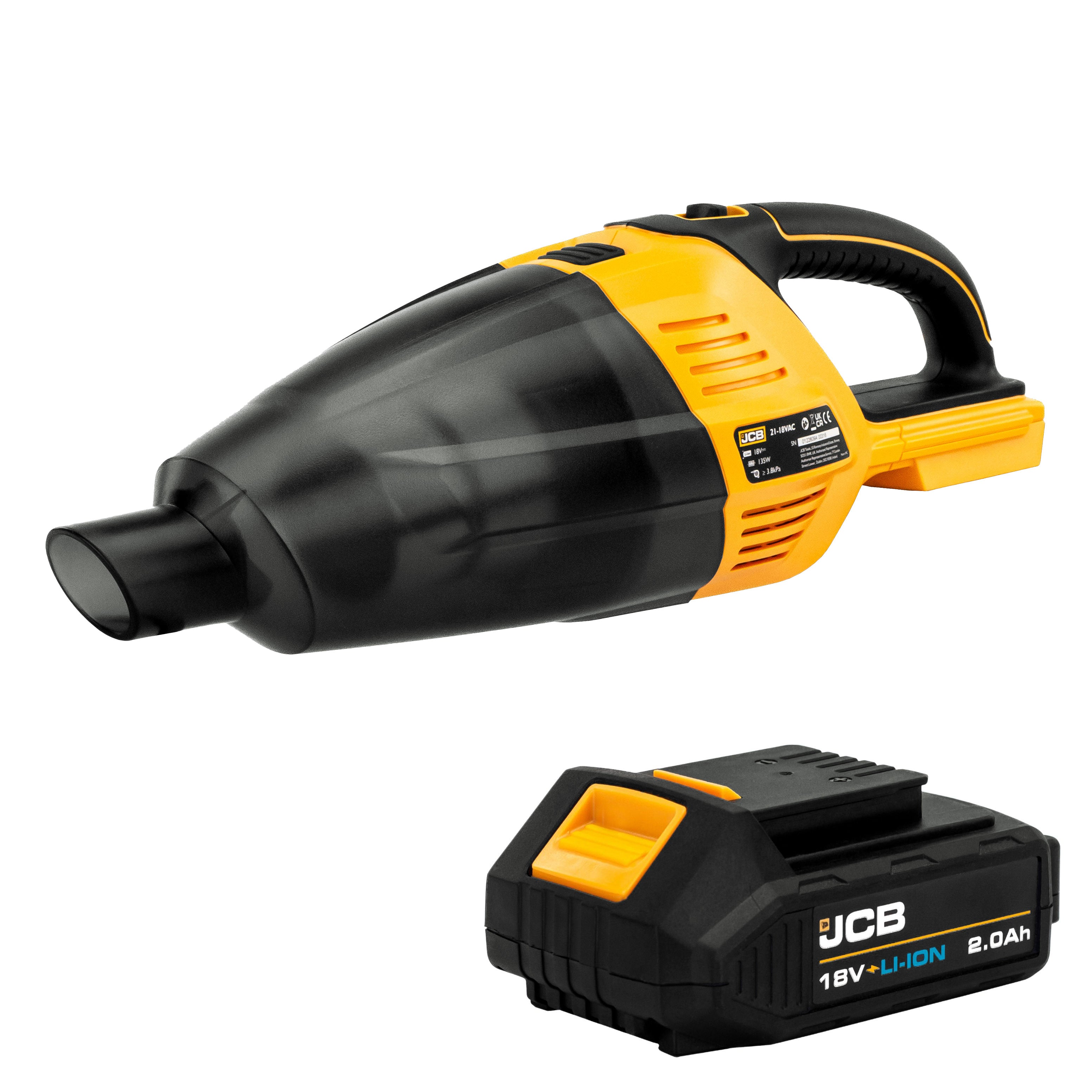 JCB 18V Handheld Vacuum Cleaner, 2.0Ah Lithium-ion Battery Kit, 50mbar Max. Pressure