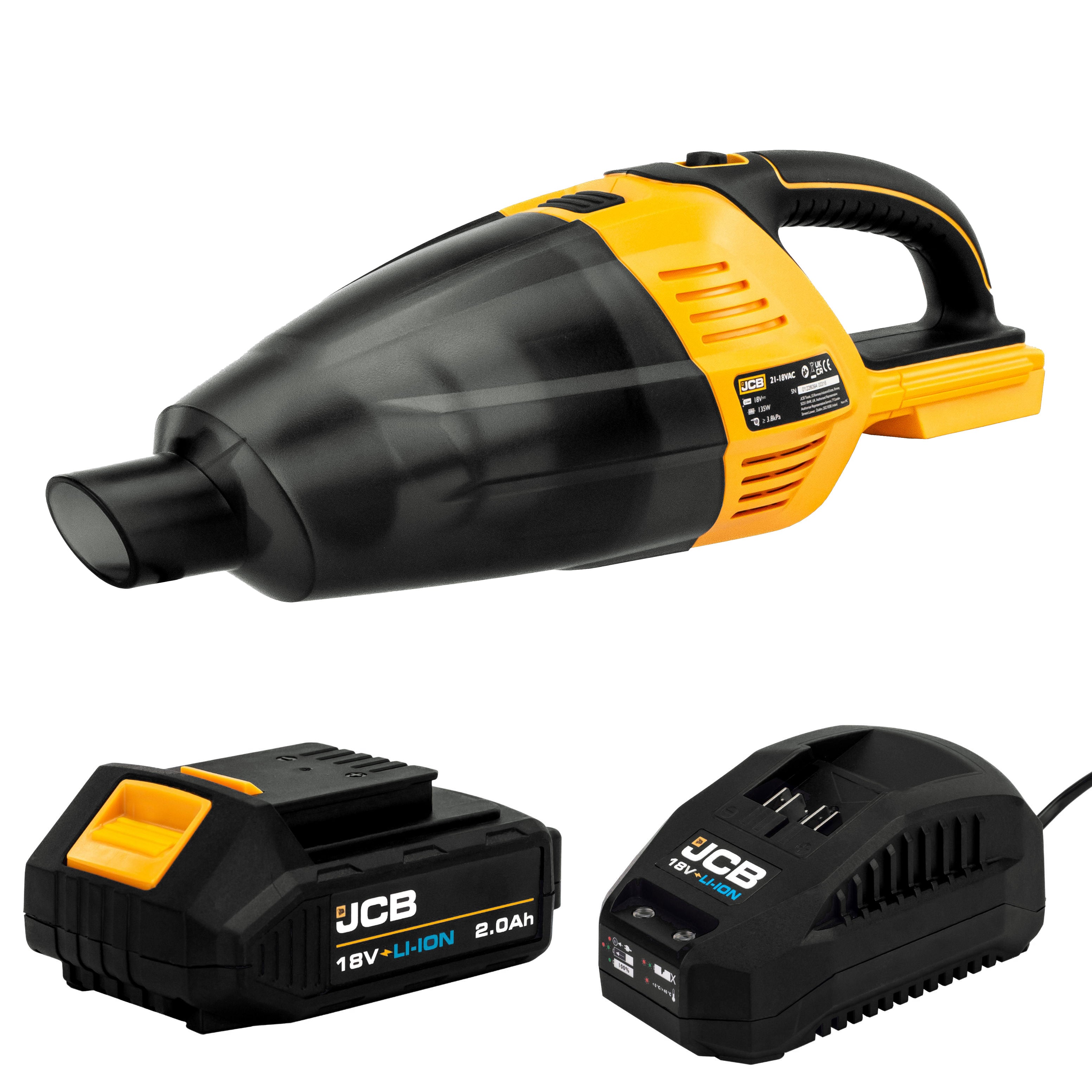 JCB 18V Handheld Vacuum Cleaner, 2.0Ah Li-ion Battery & 2.4Ah Fast Charger, 50mbar Max. Pressure