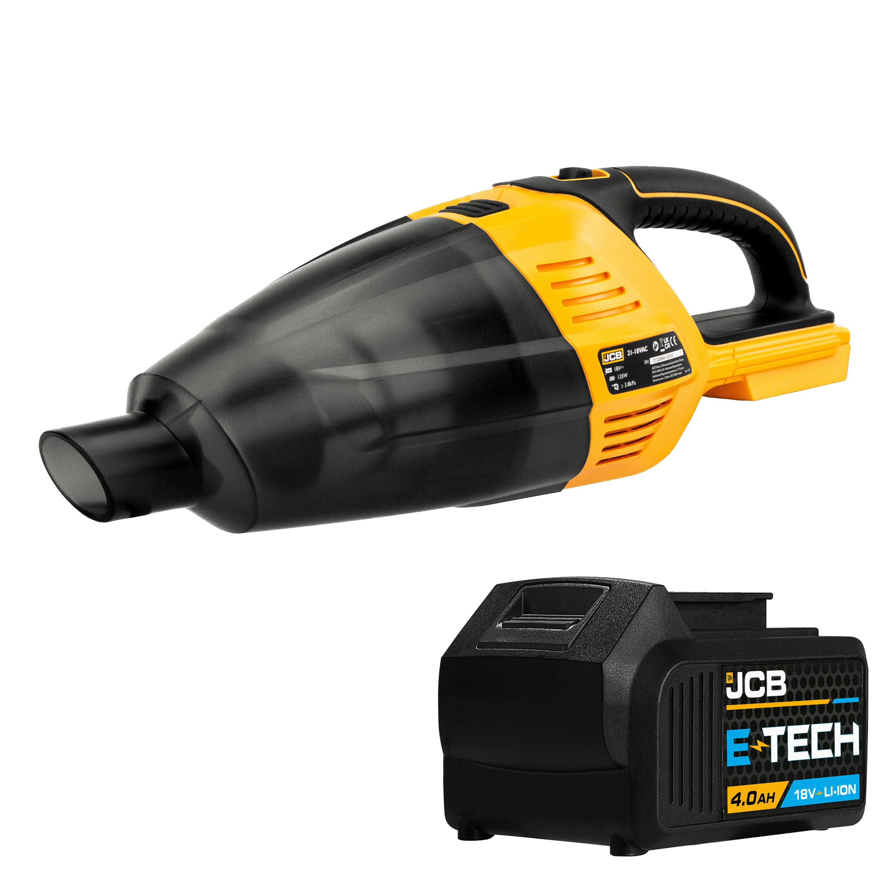 JCB 18V Handheld Vacuum Cleaner & 4.0Ah Lithium-ion Battery Kit, 50mbar Max. Pressure