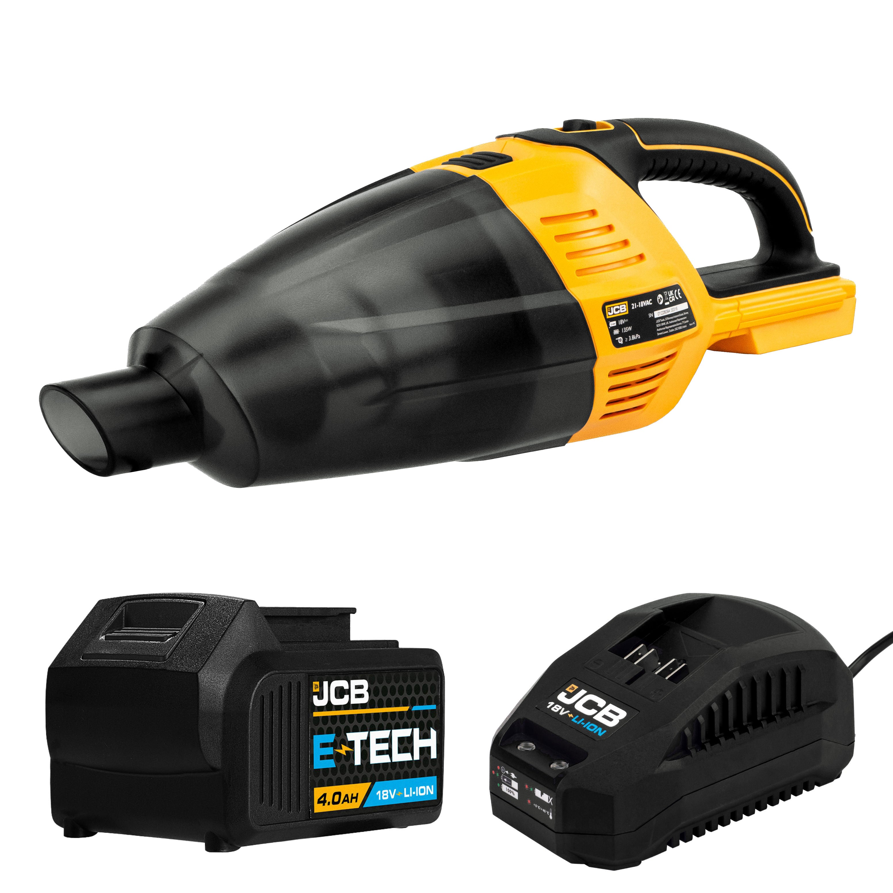 JCB 18V Handheld Vacuum Cleaner, 4.0Ah Li-ion Battery & 2.4Ah Fast Charger Kit, 50mbar Max. Pressure