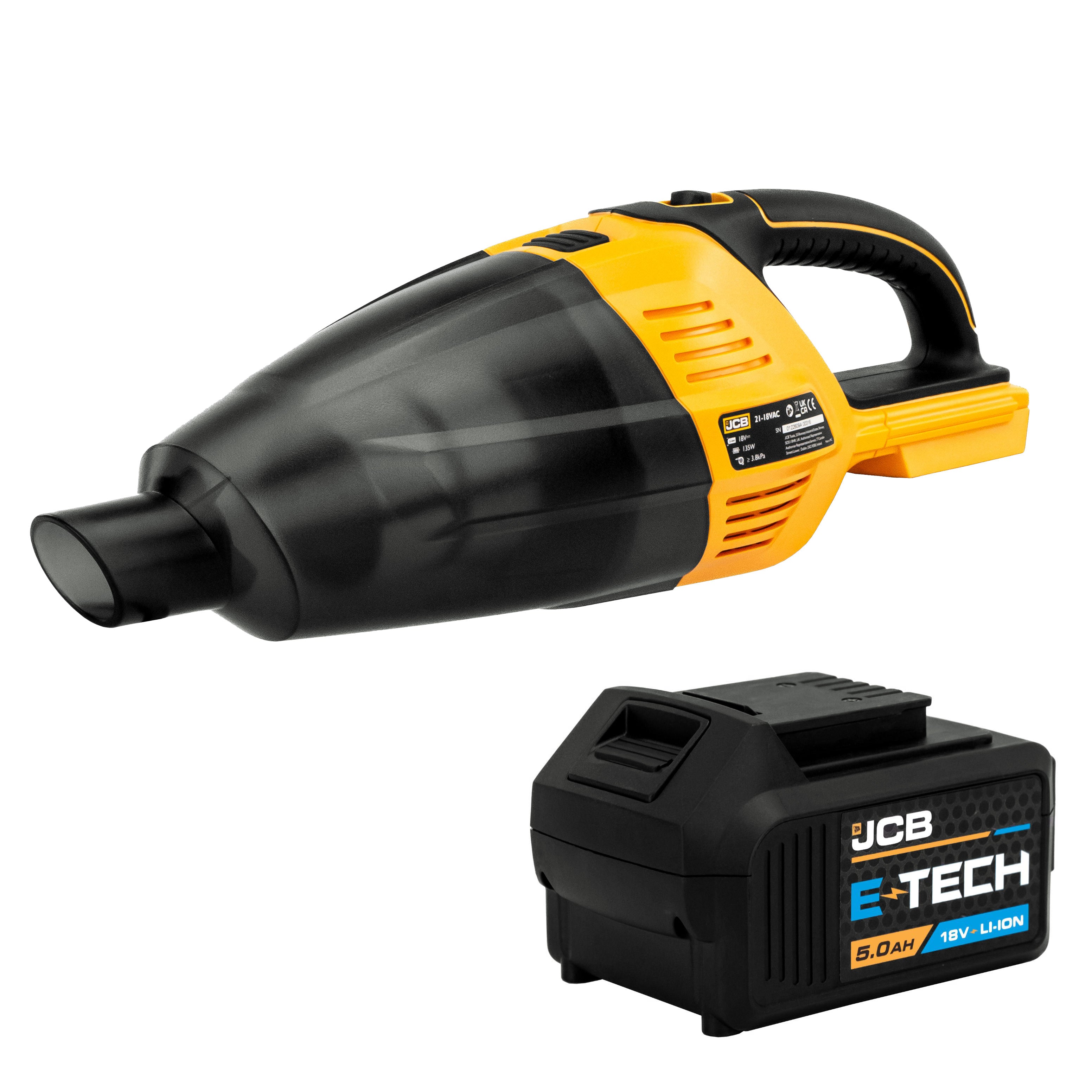 JCB 18V Handheld Vacuum Cleaner & 5.0Ah Lithium-ion Battery Kit, 50mbar Max. Pressure
