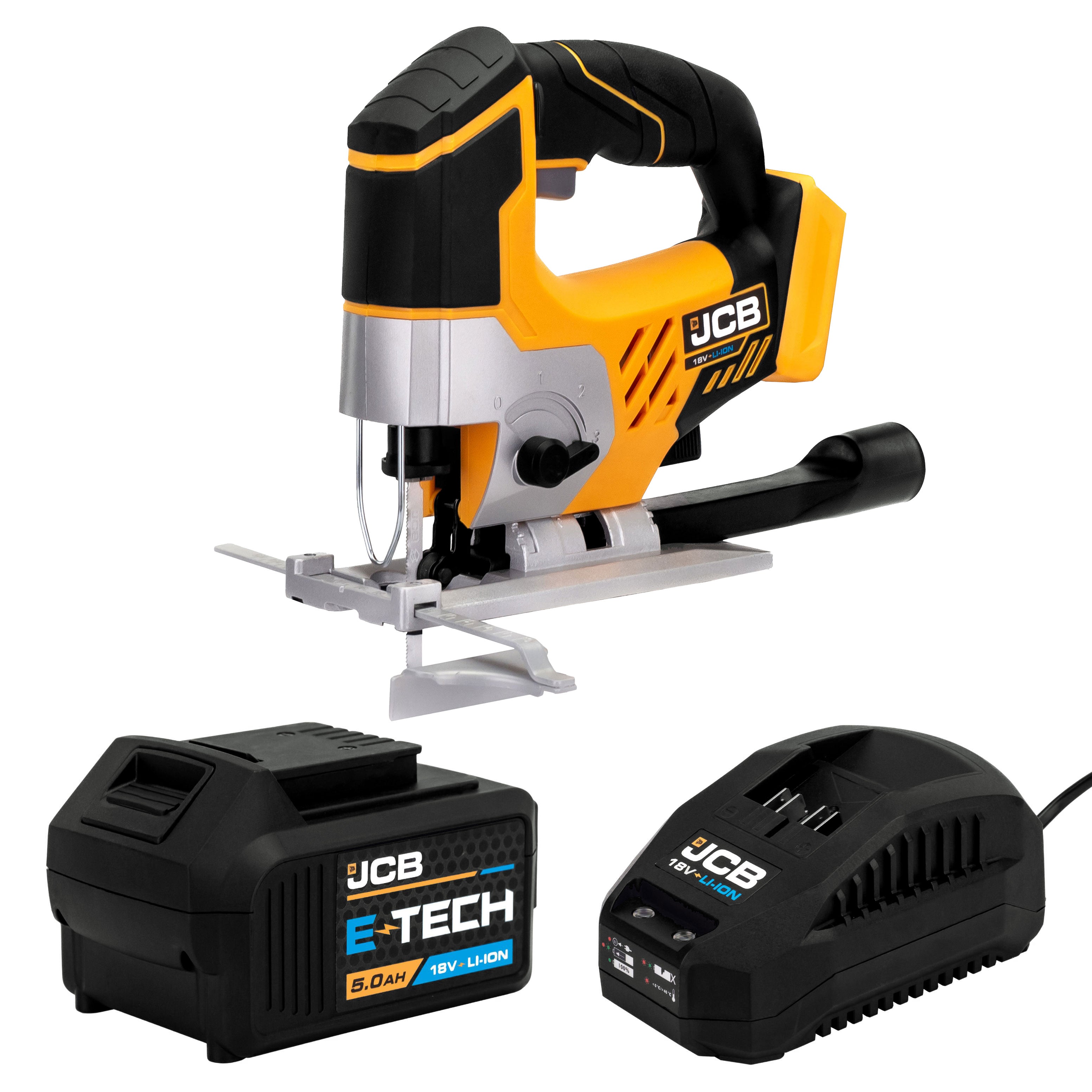 JCB 18V Cordless Jigsaw 5.0Ah Li-Ion Battery & 2.4Ah Charger Kit, 0-45 degrees Cutting Positions