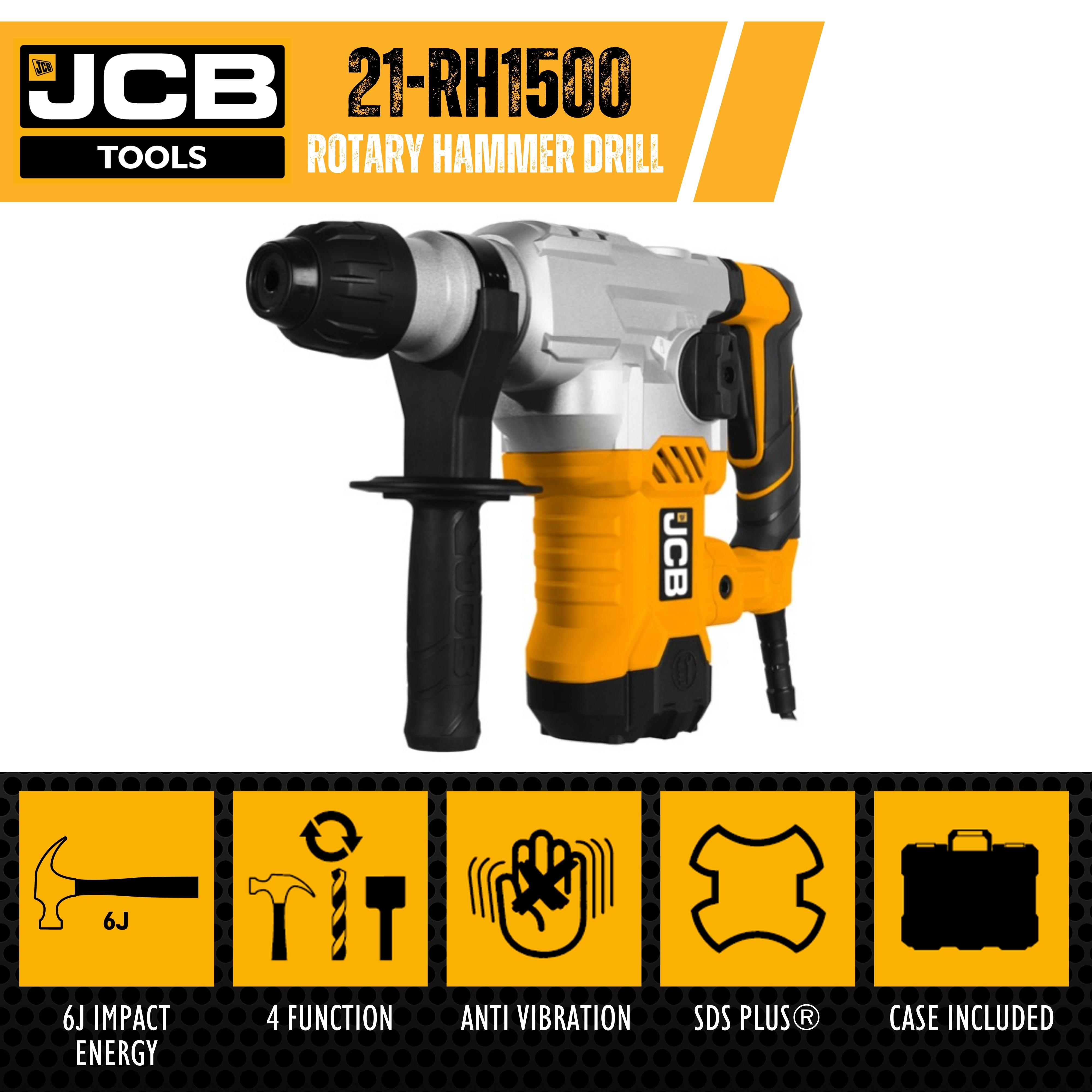 JCB 1500W 6J Corded SDS Plus Rotary Hammer Drill, Anti-Vibration Handle, 3m Cable | 21-RH1500