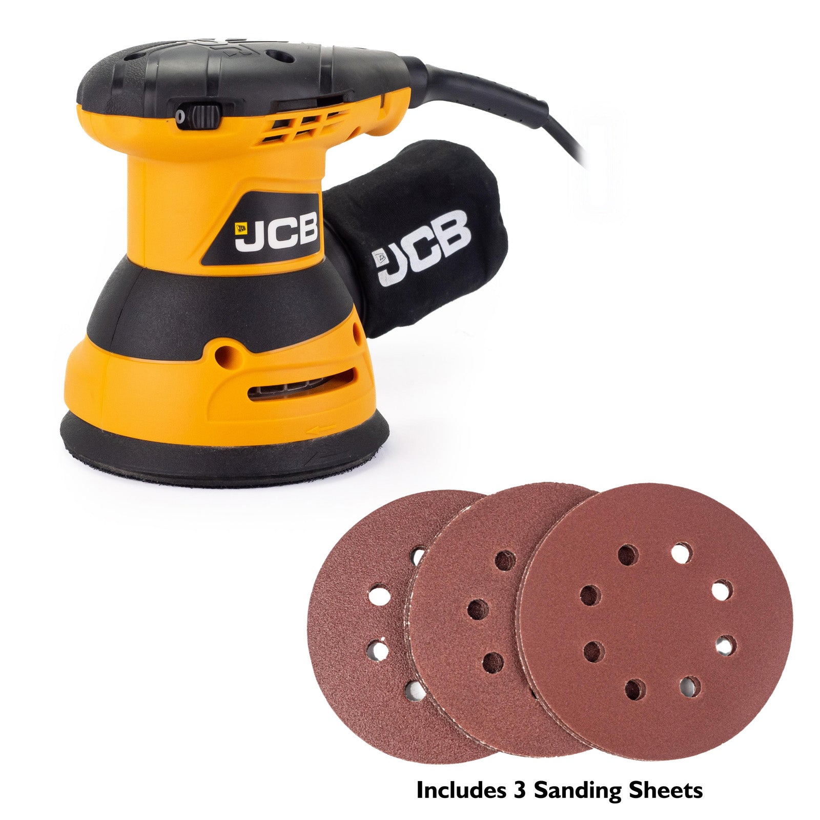 JCB 320W Electric Random Orbital Sander 125mm 5'', 3 x Sanding Sheets, 3m Cable | 21-RO125