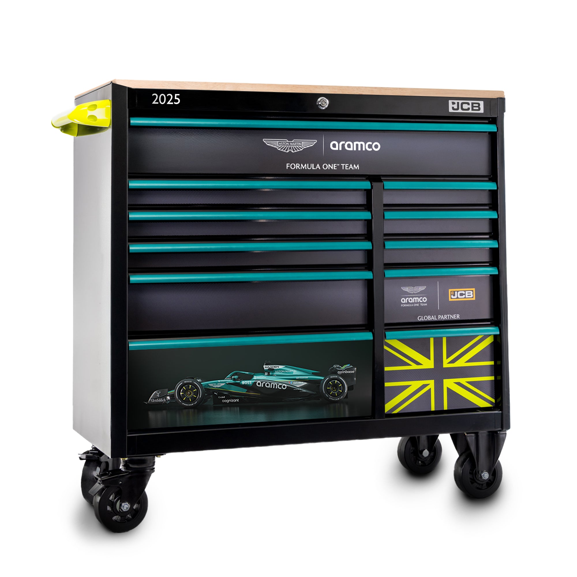 2025 Aston Martin Aramco Formula One™ Team x JCB 42” Steel 11 Drawer Roller Cabinet with Hardwood Worktop
