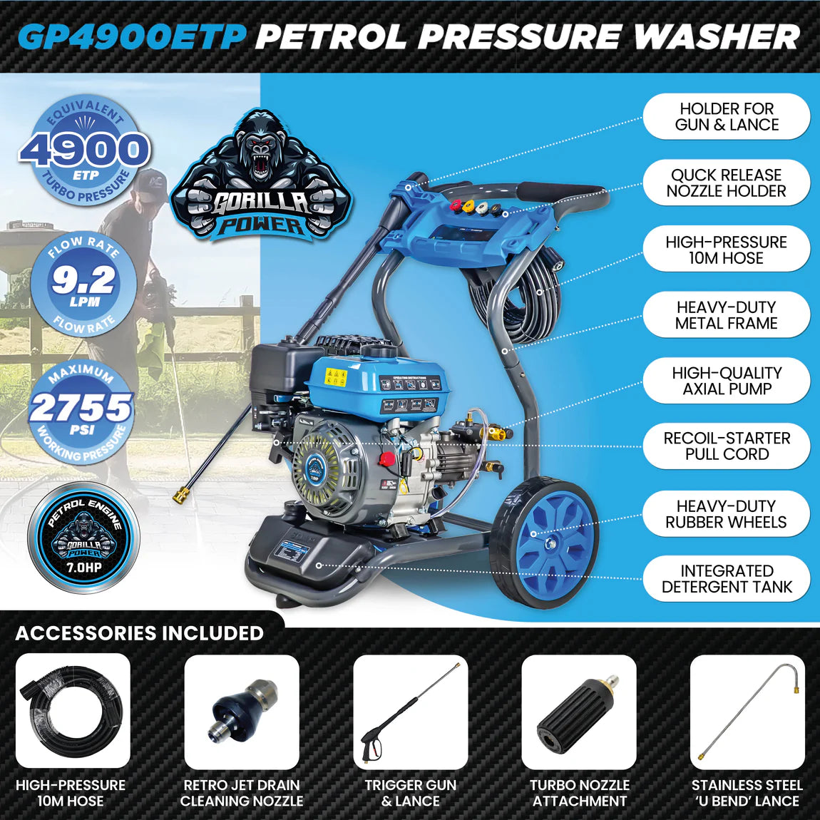 Gorilla Power 3000 PSI / 207 Bar Petrol Pressure Washer 9.2 LPM | GP4900ETP