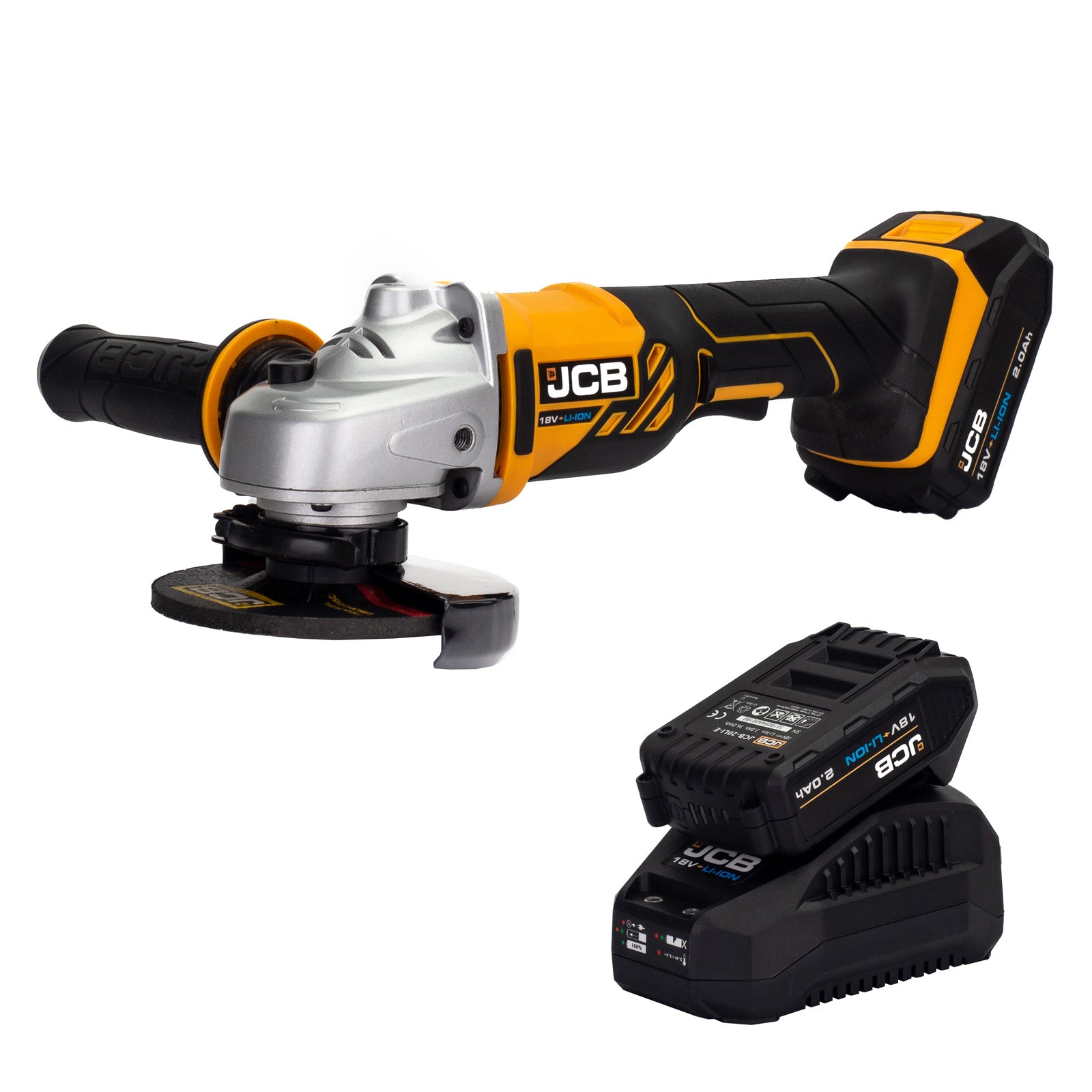 JCB 18V 115mm 4 1/2" Cordless Angle Grinder , 2x 2.0Ah Li-on Battery, M14 Thread | JCB-18AG-2-V2